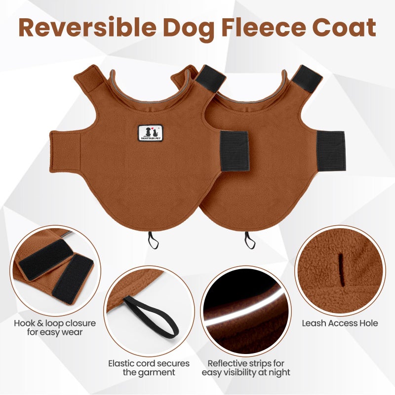 DENTRUN Reversible Dog Coat - Windproof Polar Fleece Vest with Reflective Neck Strips, Hook & Loop Closures, Easy-On Cold Weather Jacket for Medium Puppies (Medium Dogs Gear) - Image 3